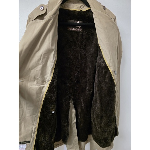 Vintage Glen Eagles Modern Classics Trench Coat Mens 38S Tan Faux Fur Lined - Picture 4 of 7